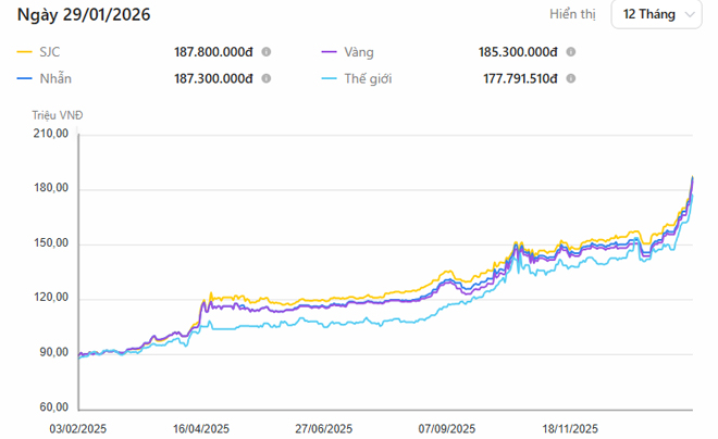 Biểu đồ giá vàng từ đầu năm 2025 đến đầu năm 2026