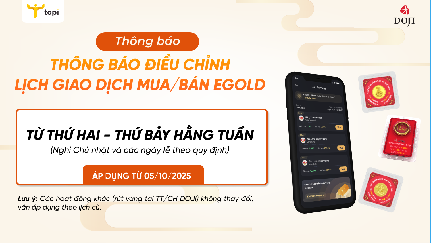 THÔNG BÁO ĐIỀU CHỈNH LỊCH GIAO DỊCH MUA/BÁN eGOLD